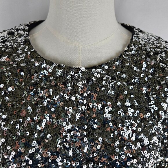 Zara Sequin Jacket XL Silver Snap Front Bling Party Glam Event 2024 EUC! - Picture 7 of 11